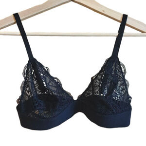 Lively Long-Lined Lace Bralette Wireless Bra Mesh Black Women's Size Large